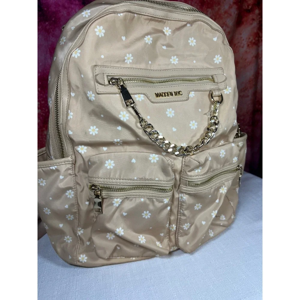 Madden NYC Tan Daisy Heart Print Nylon Backpack Gold Chain Detail Floral Bag